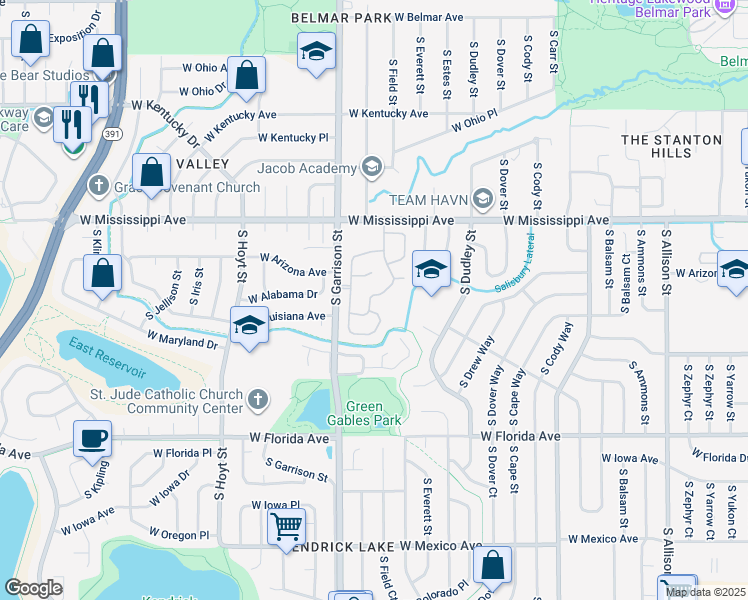 map of restaurants, bars, coffee shops, grocery stores, and more near 9074 West Arizona Way in Lakewood