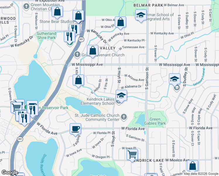 map of restaurants, bars, coffee shops, grocery stores, and more near 1239 South Iris Street in Lakewood