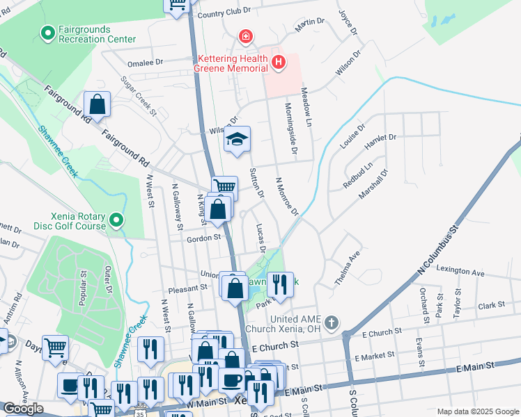 map of restaurants, bars, coffee shops, grocery stores, and more near 115 East Ankeney Mill Road in Xenia