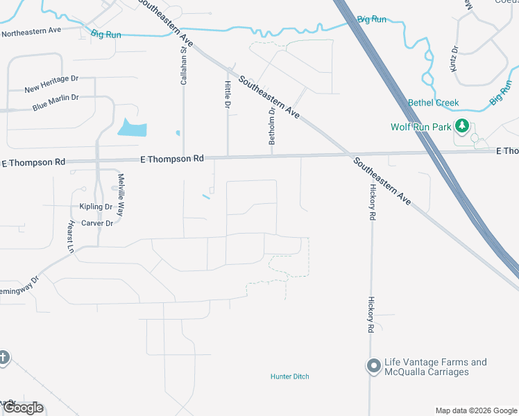 map of restaurants, bars, coffee shops, grocery stores, and more near 9295 East Thompson Road in Indianapolis