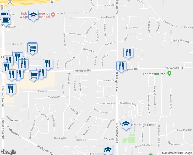 map of restaurants, bars, coffee shops, grocery stores, and more near 5024 Parterra Court in Indianapolis