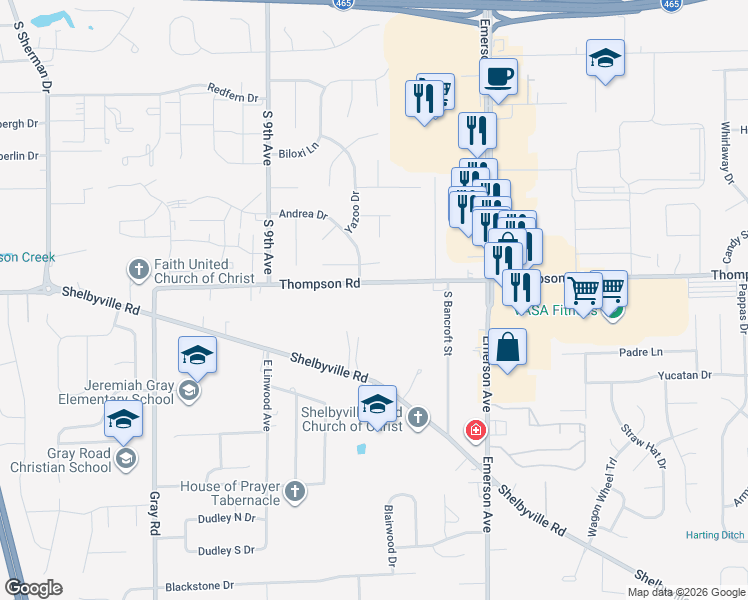 map of restaurants, bars, coffee shops, grocery stores, and more near 1720 Yazoo Drive in Beech Grove