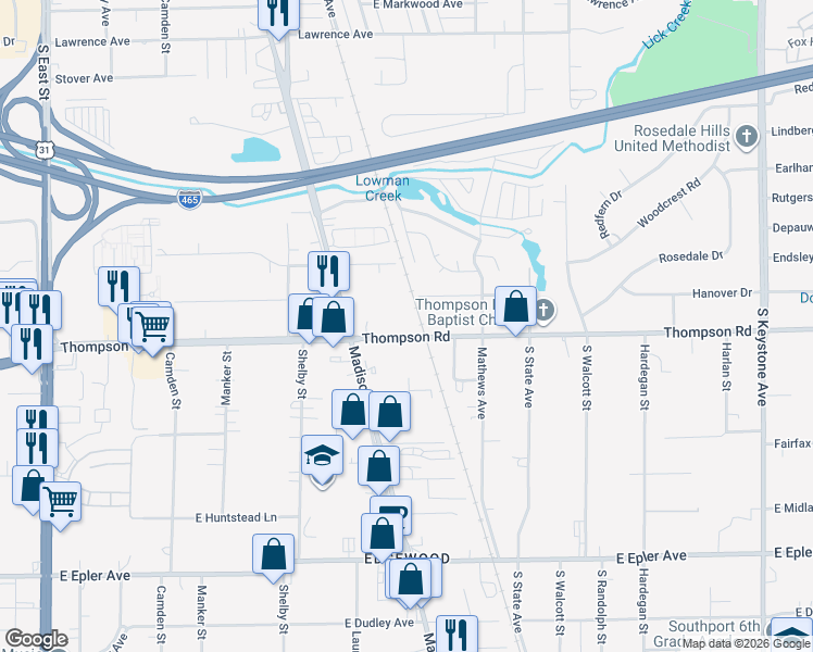 map of restaurants, bars, coffee shops, grocery stores, and more near 1262 Thompson Road in Indianapolis