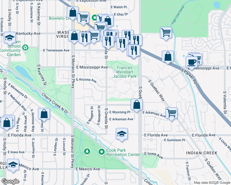 map of restaurants, bars, coffee shops, grocery stores, and more near 1200 South Oneida Street in Denver