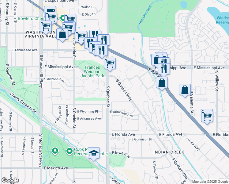 map of restaurants, bars, coffee shops, grocery stores, and more near 1211 South Quebec Street in Denver