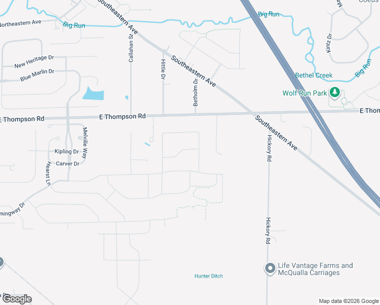 map of restaurants, bars, coffee shops, grocery stores, and more near 9295 East Thompson Road in Indianapolis