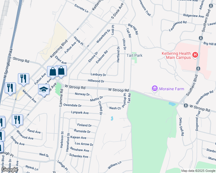 map of restaurants, bars, coffee shops, grocery stores, and more near 1637 West Stroop Road in Dayton