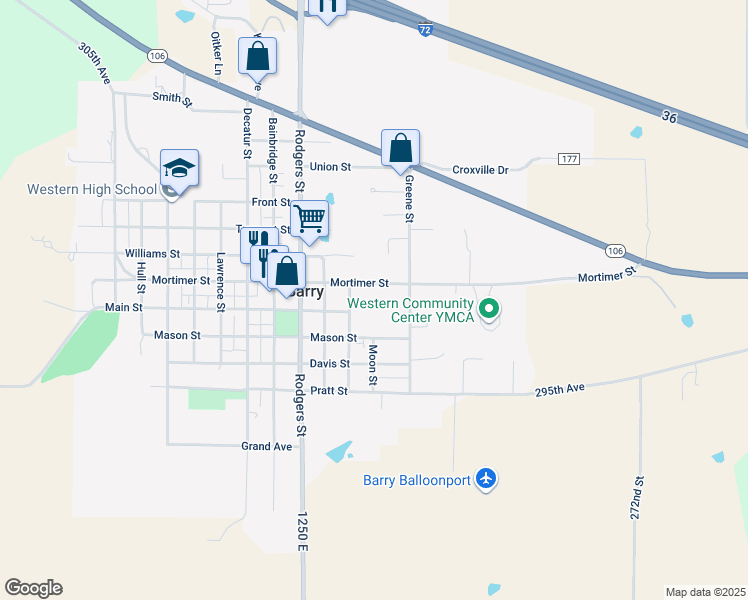map of restaurants, bars, coffee shops, grocery stores, and more near 1201 Mortimer Street in Barry