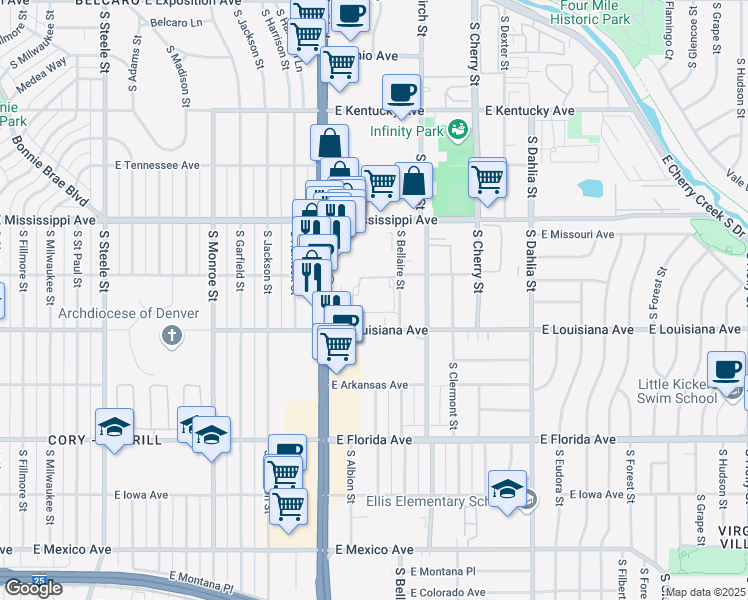 map of restaurants, bars, coffee shops, grocery stores, and more near 1251 South Bellaire Street in Denver