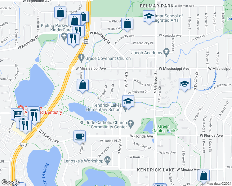 map of restaurants, bars, coffee shops, grocery stores, and more near 1239 South Iris Street in Lakewood
