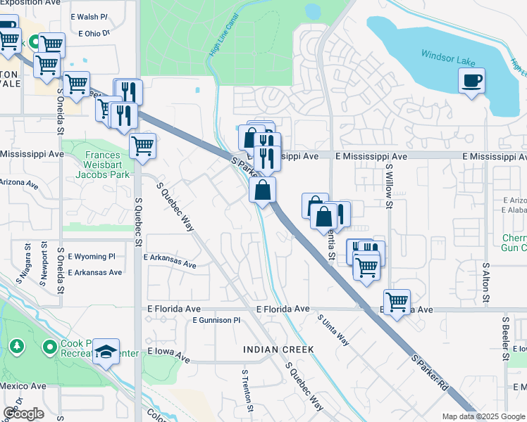 map of restaurants, bars, coffee shops, grocery stores, and more near 1205 South Rosemary Way in Denver