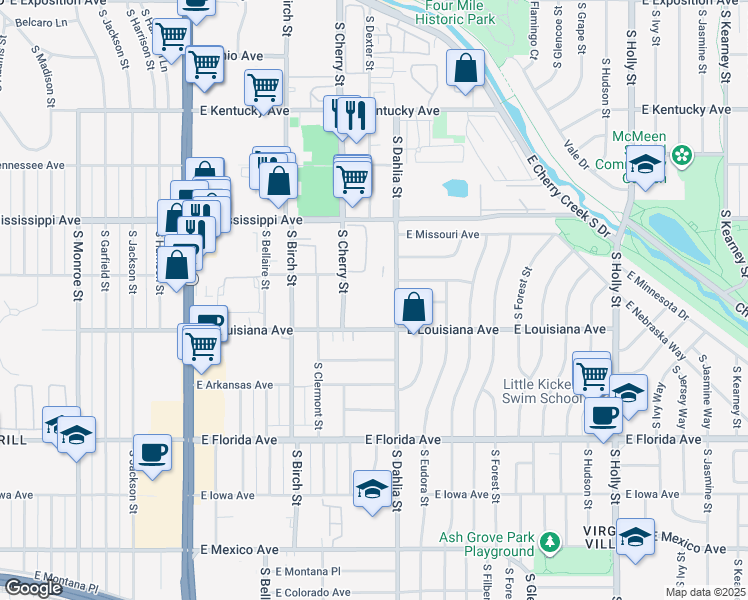 map of restaurants, bars, coffee shops, grocery stores, and more near 4705 East Louisiana Avenue in Denver