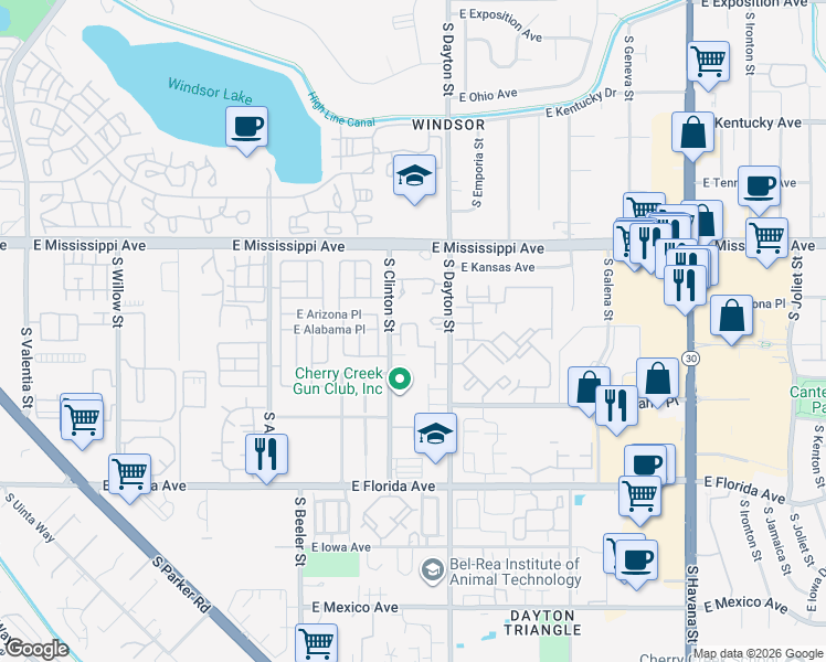 map of restaurants, bars, coffee shops, grocery stores, and more near 1200 South Clinton Street in Denver