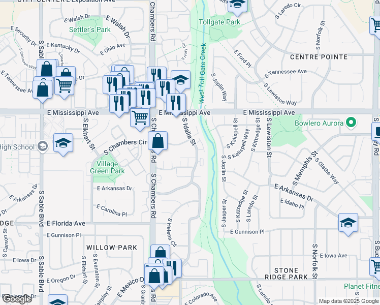 map of restaurants, bars, coffee shops, grocery stores, and more near 1204 South Idalia Street in Aurora