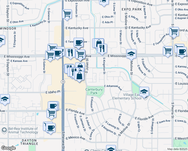 map of restaurants, bars, coffee shops, grocery stores, and more near 1256 South Joliet Court in Aurora