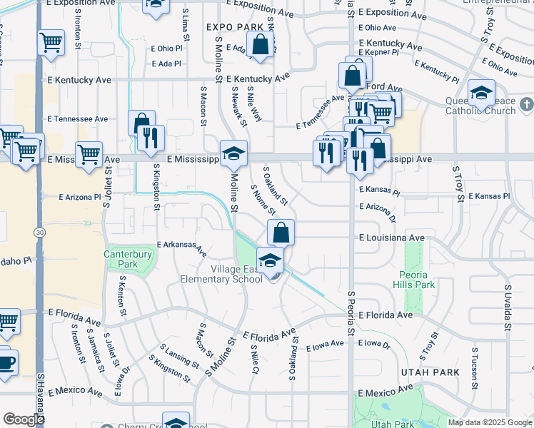 map of restaurants, bars, coffee shops, grocery stores, and more near 1161 South Nome Street in Aurora