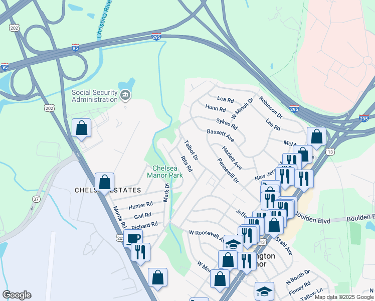map of restaurants, bars, coffee shops, grocery stores, and more near 127 Talbot Drive in Wilmington Manor