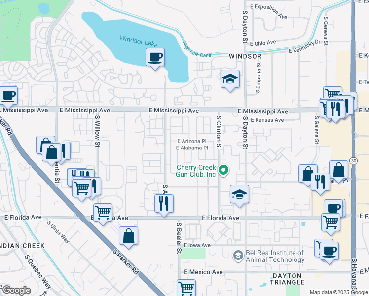 map of restaurants, bars, coffee shops, grocery stores, and more near S Beeler Ct in Denver