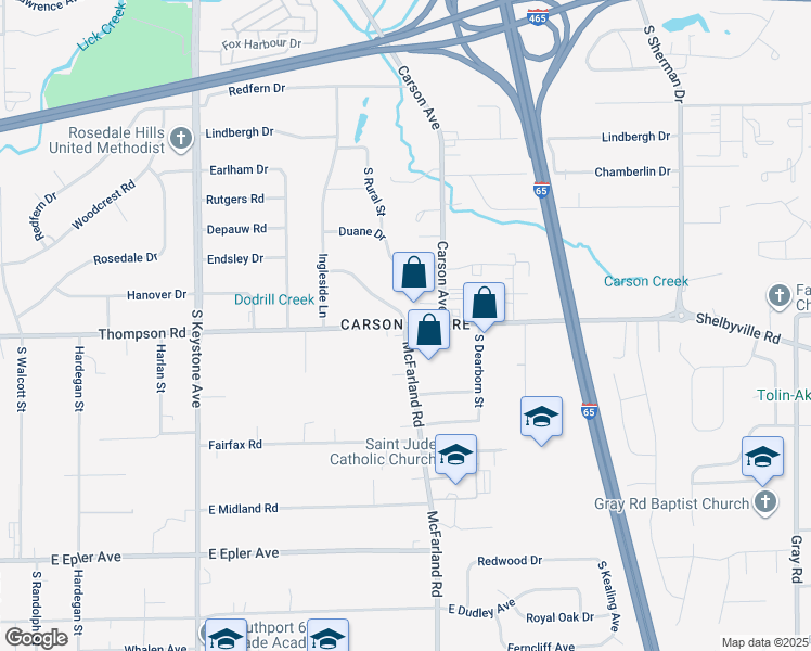 map of restaurants, bars, coffee shops, grocery stores, and more near E Thompson Rd & McFarland Rd in Indianapolis