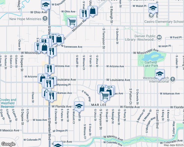 map of restaurants, bars, coffee shops, grocery stores, and more near 1250 South Vrain Street in Denver