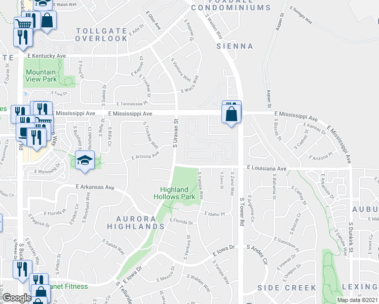 map of restaurants, bars, coffee shops, grocery stores, and more near 1180 South Waco Street in Aurora