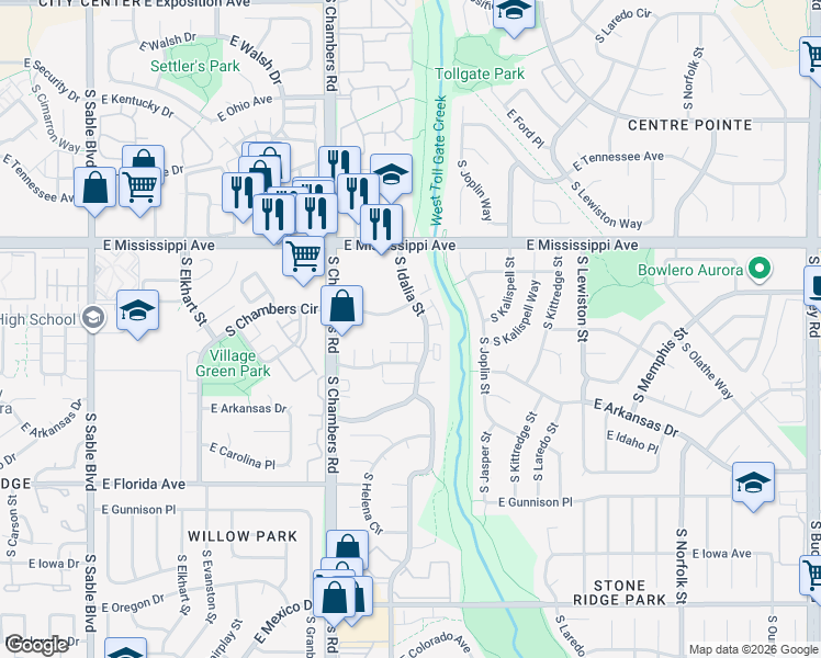 map of restaurants, bars, coffee shops, grocery stores, and more near 1204 South Idalia Street in Aurora