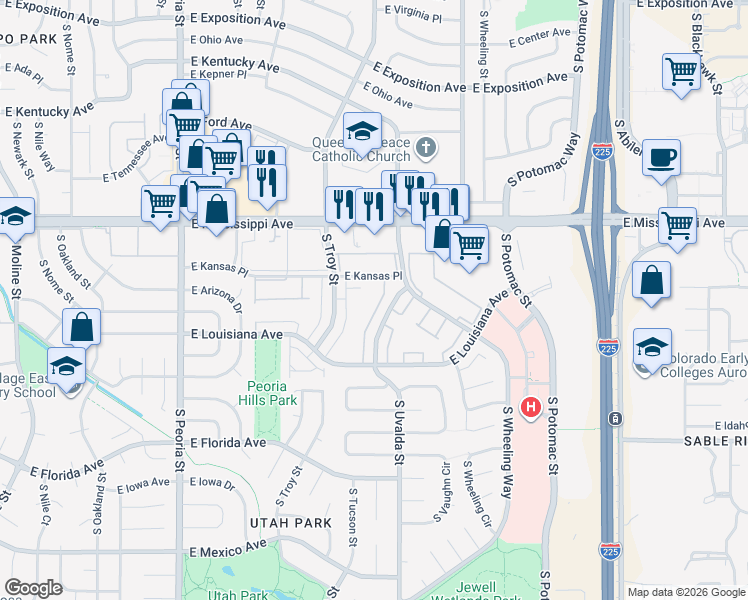 map of restaurants, bars, coffee shops, grocery stores, and more near 12894 East Kansas Place in Aurora