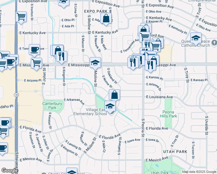 map of restaurants, bars, coffee shops, grocery stores, and more near 1161 South Nome Street in Aurora