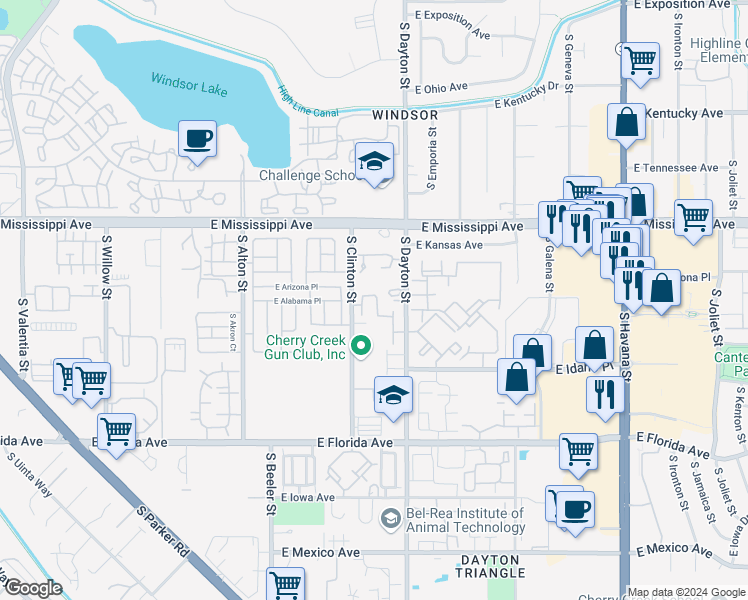 map of restaurants, bars, coffee shops, grocery stores, and more near 1200 South Clinton Street in Denver