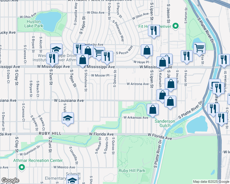 map of restaurants, bars, coffee shops, grocery stores, and more near 1200 South Pecos Street in Denver