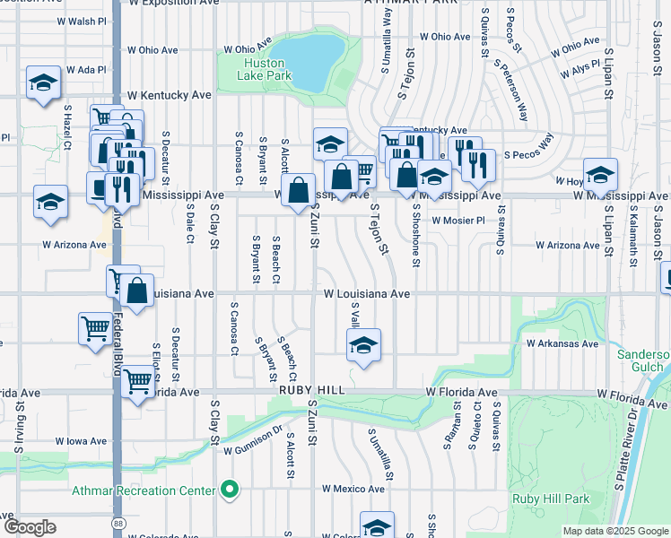 map of restaurants, bars, coffee shops, grocery stores, and more near 1220 South Zuni Street in Denver