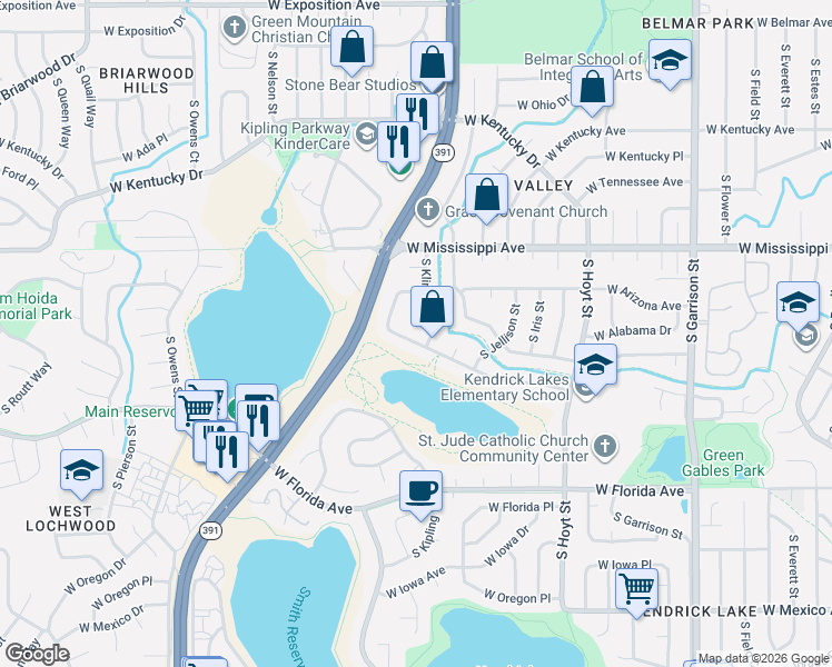 map of restaurants, bars, coffee shops, grocery stores, and more near 10118 West Arizona Place in Lakewood