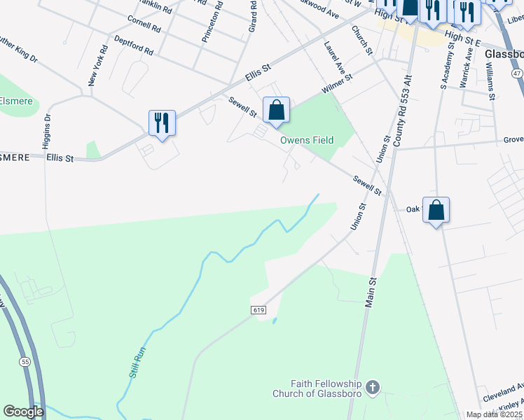 map of restaurants, bars, coffee shops, grocery stores, and more near 200 Highland Avenue in Glassboro