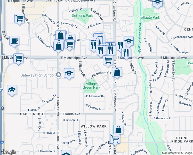 map of restaurants, bars, coffee shops, grocery stores, and more near 15035 East Louisiana Drive in Aurora