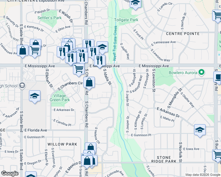 map of restaurants, bars, coffee shops, grocery stores, and more near 15594 East Arizona Avenue in Aurora
