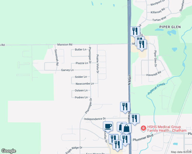 map of restaurants, bars, coffee shops, grocery stores, and more near 1709 Prairie Vista Drive in Chatham