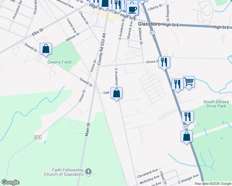 map of restaurants, bars, coffee shops, grocery stores, and more near 203 South Academy Street in Glassboro