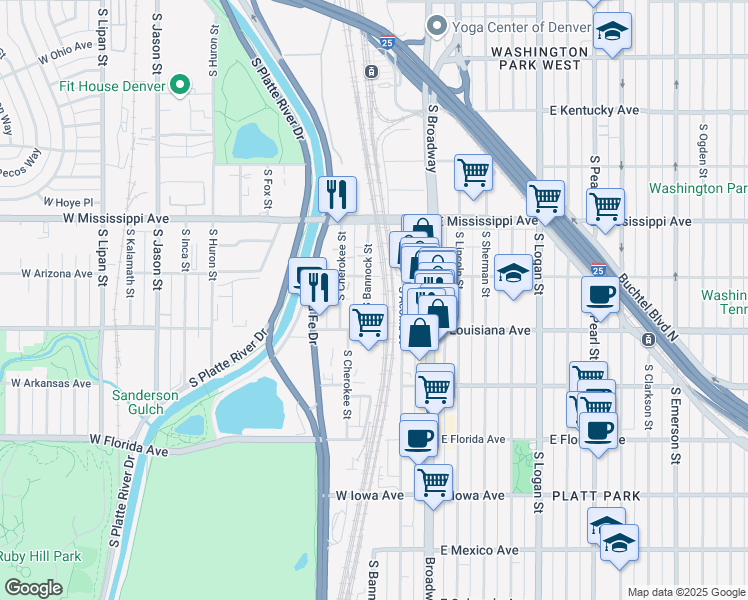 map of restaurants, bars, coffee shops, grocery stores, and more near 1200 South Bannock Street in Denver