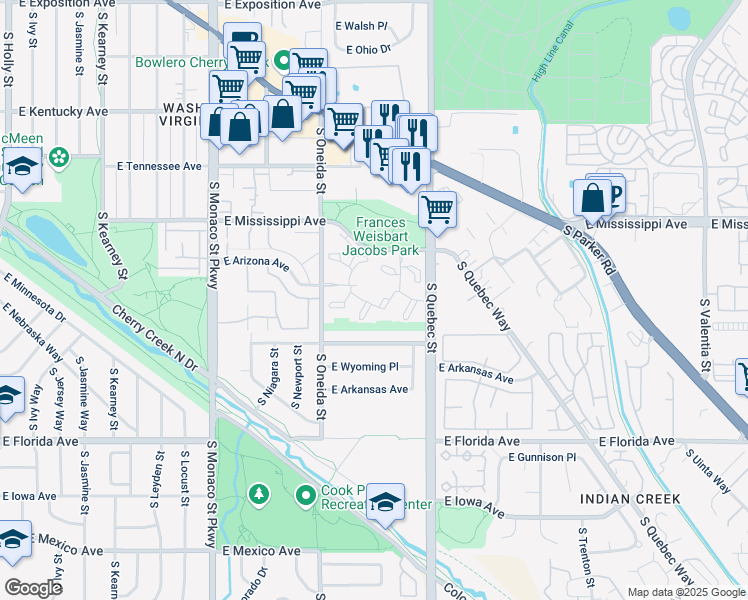 map of restaurants, bars, coffee shops, grocery stores, and more near 1200 South Oneida Street in Denver