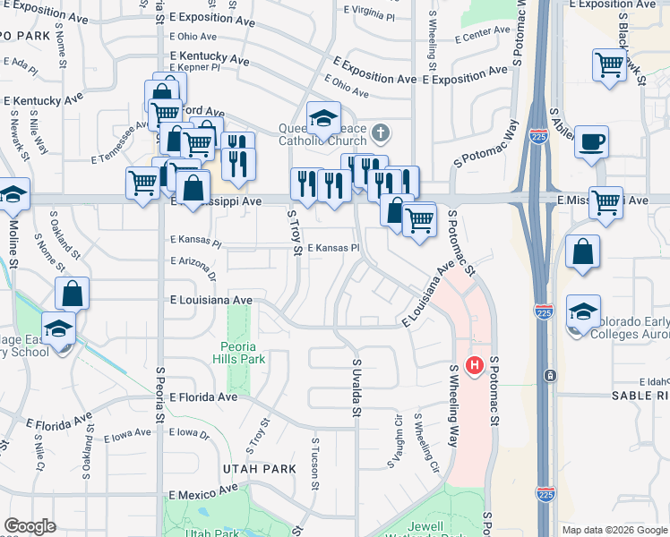 map of restaurants, bars, coffee shops, grocery stores, and more near 12894 East Kansas Place in Aurora
