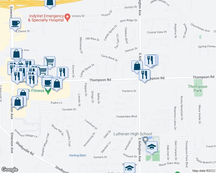 map of restaurants, bars, coffee shops, grocery stores, and more near 5729 Ensenada Avenue in Indianapolis