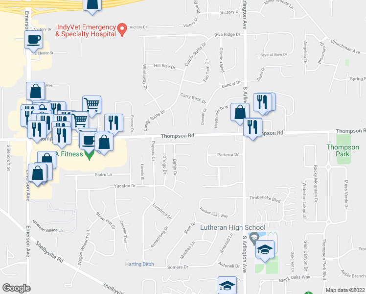 map of restaurants, bars, coffee shops, grocery stores, and more near 5715 Ensenada Avenue in Indianapolis