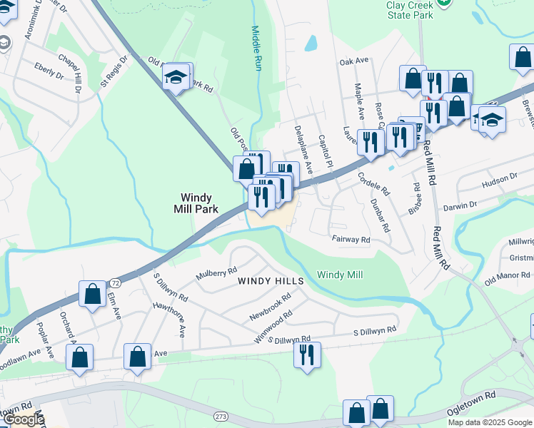 map of restaurants, bars, coffee shops, grocery stores, and more near 33 Possum Park Mall in Newark