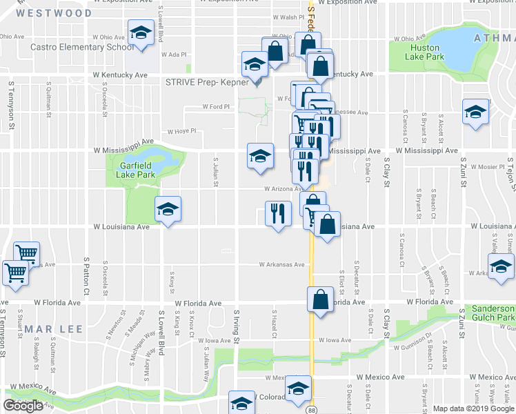 map of restaurants, bars, coffee shops, grocery stores, and more near 3195 West Alabama Place in Denver