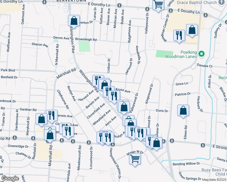 map of restaurants, bars, coffee shops, grocery stores, and more near 1721 Kruss Avenue in Dayton