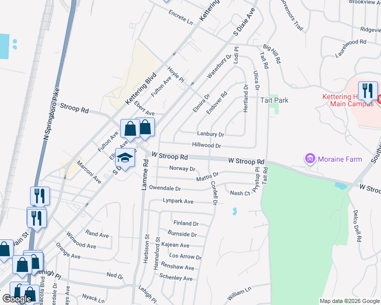 map of restaurants, bars, coffee shops, grocery stores, and more near 1732 Hillwood Drive in Dayton