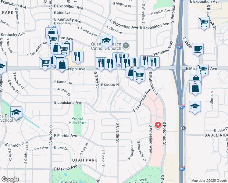 map of restaurants, bars, coffee shops, grocery stores, and more near 13086 East Kansas Place in Aurora