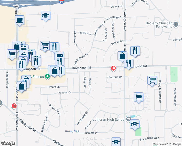 map of restaurants, bars, coffee shops, grocery stores, and more near 5705 Ensenada Avenue in Indianapolis