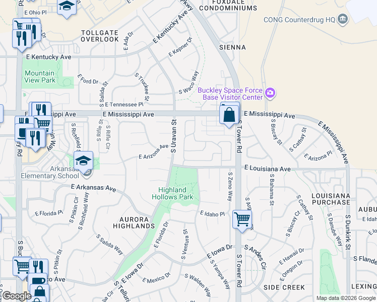 map of restaurants, bars, coffee shops, grocery stores, and more near 1180 South Waco Street in Aurora