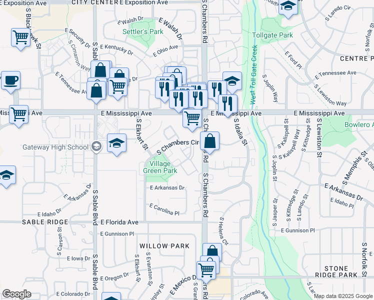 map of restaurants, bars, coffee shops, grocery stores, and more near 15282 East Louisiana Drive in Aurora
